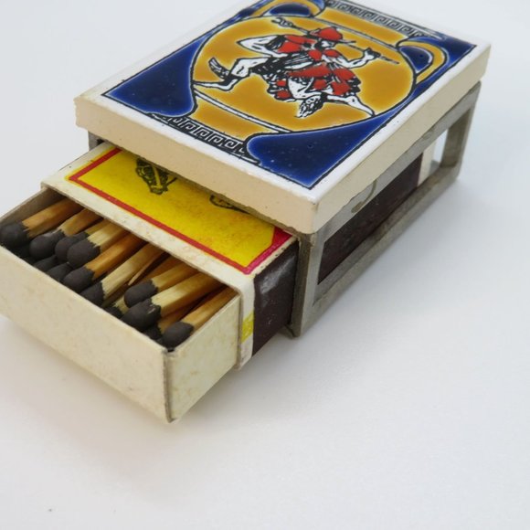 Vintage Wooden Match Box Painted Ceramic Tile Top Metal Box Greece Urn Soldier - Picture 4 of 6